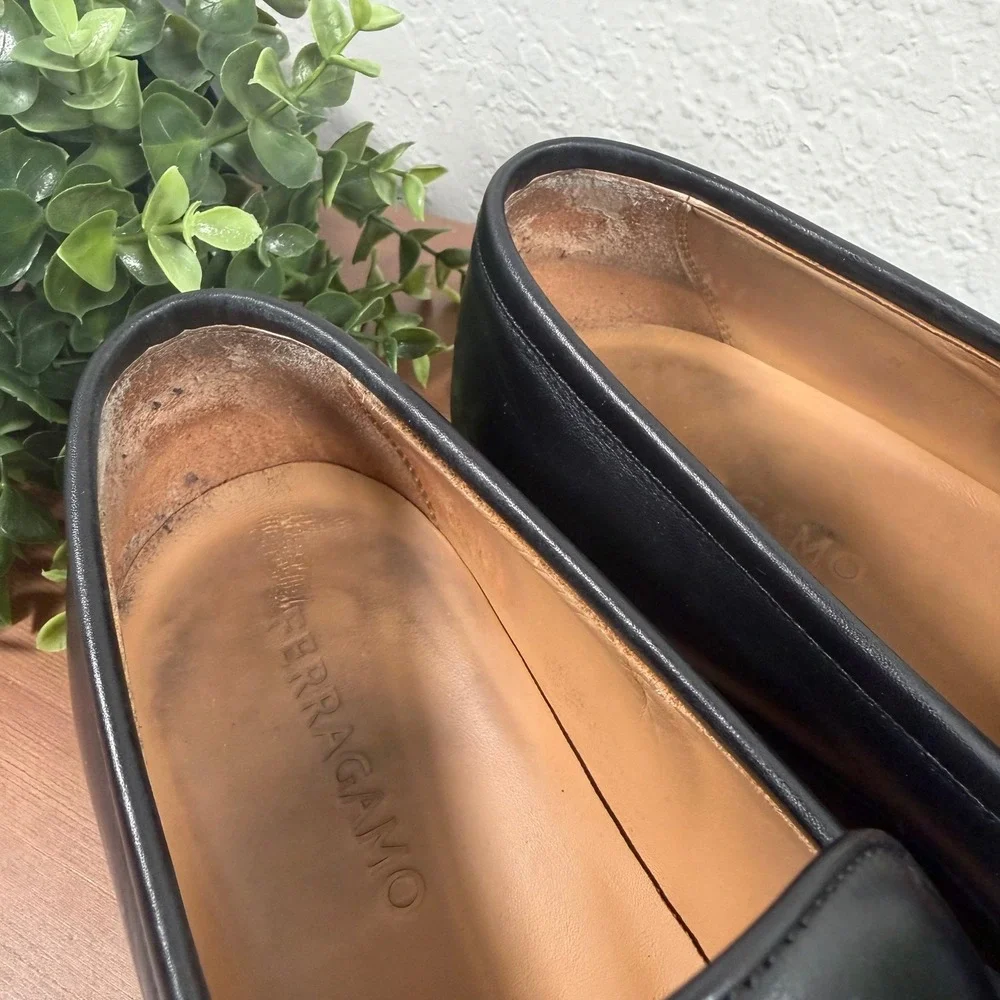 Salvatore Ferragamo Mens Penny Loafers Black Leather Slip On Shoes Size 10 EE